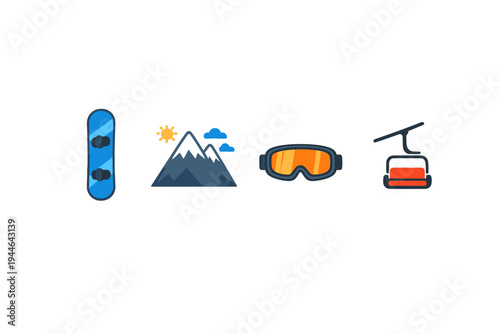 A collection of four colorful winter sports icons including a blue snowboard, mountain peaks with a sun, orange ski goggles, and a ski lift chair, all set against a black background.