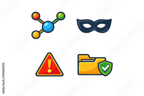 A set of four colorful icons including a molecular structure, a dark blue mask, a red warning triangle with an exclamation mark, and a yellow folder protected by a green shield.
