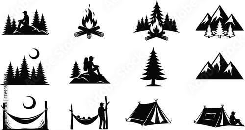 Black camping icons set featuring bonfire mountains forest trees tent hiker and hammock silhouette vector illustrations isolated on white background for outdoor adventure travel logo design