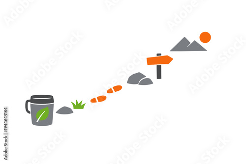 This flat design illustration shows a symbolic path with a leaf mug, footprints, and a signpost leading towards mountains and a sun against a solid black background.