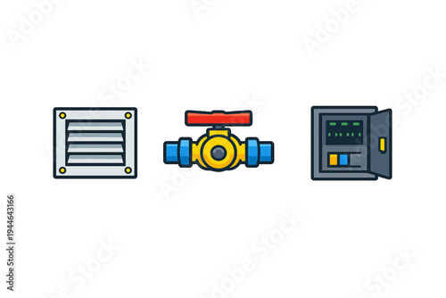 Three flat icons representing home maintenance and utility systems including an air vent, a water pipe valve with a red handle, and an electrical circuit breaker panel on a black background.