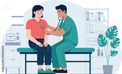 Vector illustration of doctor examining patient in clinic