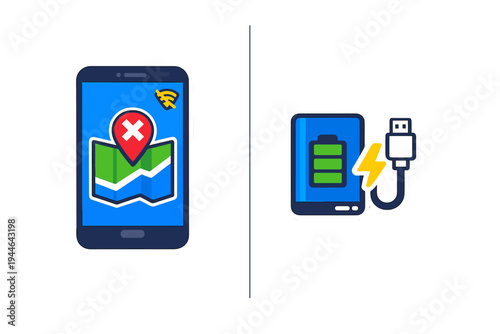 This vector graphic features a mobile phone displaying a navigation error and no connection next to a portable battery pack showing a full charge and a USB charging cable.