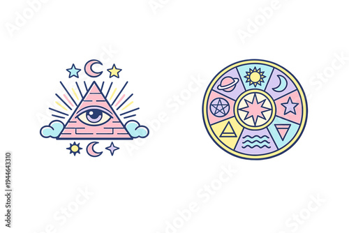 Two mystical vector illustrations on a black background featuring a pyramid with an eye and a circular wheel filled with celestial and occult symbols in soft pastel colors.