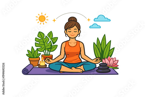 A peaceful cartoon illustration of a woman practicing yoga in a lotus position on a purple mat, surrounded by lush green plants, a candle, and smooth stones under a stylized sun and clouds.