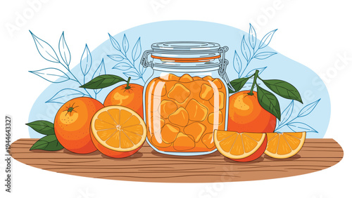 Jar of sweet orange marmalade is shown on a wooden table surrounded by fresh whole oranges and slices for a breakfast-themed image.