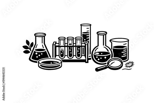 A black and white illustration of various laboratory glassware including flasks, test tubes in a rack, a beaker, a petri dish, and a magnifying glass on a dark background.