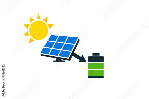 A simple illustration showing a yellow sun shining on a blue solar panel which is connected by an arrow to a green battery, representing renewable energy storage on a black background.