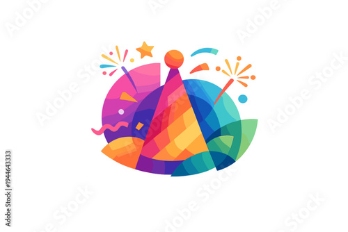 This vibrant illustration features a colorful party hat surrounded by abstract geometric shapes, fireworks, and confetti on a black background, ideal for festive celebrations.
