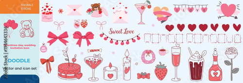 Set of hand drawn coquette elements for Valentines day, wedding invitation, birthday card. Cute girly bows, ribbons, cherry, cake, toy bear, cocktail, rose, strawberry. Vintage vector illustration
