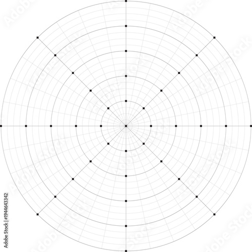 Black line radial dense grid texture with squares on white background. FUI science round grid backdrop. Math or technological notebook blank circular sheet.