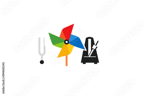 A minimalist graphic illustration featuring a grey tuning fork, a multicolored pinwheel, and a black metronome arranged horizontally against a solid black background.