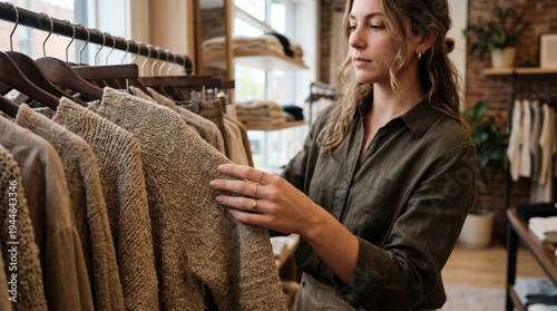Young woman looking at beige knitted sweater on wooden hanger in cozy boutique with natural lighting