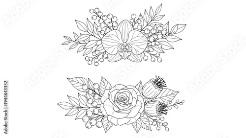 Two beautiful floral compositions feature orchids and roses in a minimalist line art style that is perfect for elegant graphic designs.