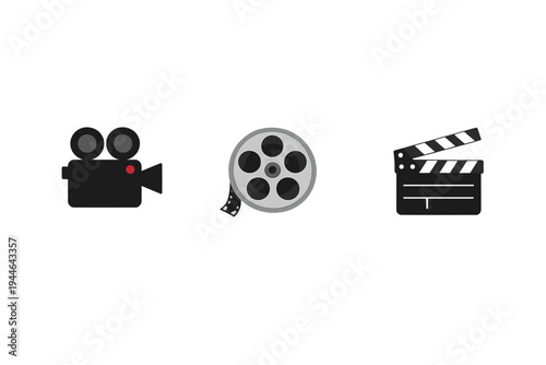 Three flat icons representing the film industry, including a vintage movie camera, a film reel, and a clapperboard, are displayed horizontally against a solid black background.