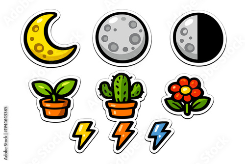 A collection of cartoon stickers featuring various moon phases, potted plants like a cactus and sprout, a red flower, and colorful lightning bolts on a black background.