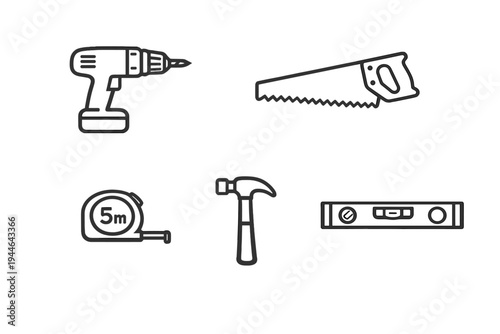 A collection of five white line art icons representing common hand and power tools, including a drill, saw, hammer, tape measure, and spirit level, set against a solid black background.
