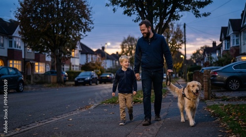 Father and son walking golden retriever dog on suburban street at dusk smiling and enjoying autumn evening outdoors