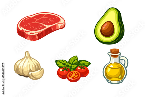 A collection of food illustrations featuring a raw beef steak, a halved avocado, a head of garlic, cherry tomatoes with basil leaves, and a glass bottle of olive oil on a black background.