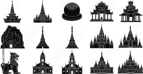Black silhouette vector illustrations of temples pagodas churches cave entrance ceremonial orb and mythical creature cultural architecture design collection for creative artwork