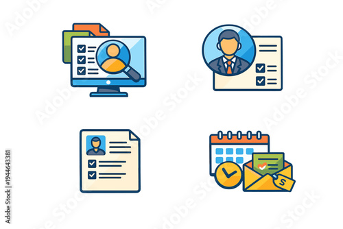 A set of four colorful flat icons representing human resources, recruitment, and job application processes including candidate search, resume review, and interview scheduling.