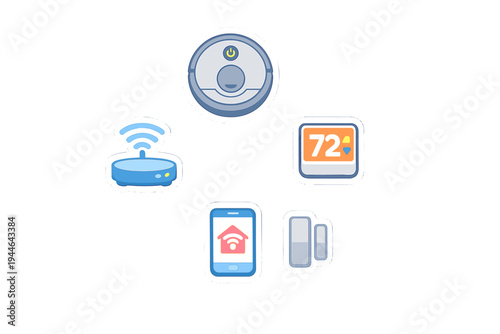 A collection of five smart home device icons including a robot vacuum, Wi-Fi router, thermostat, smartphone app, and sensor, presented in a flat sticker style on a black background.