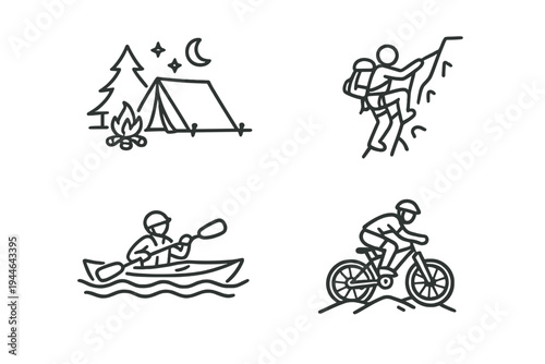 A set of four minimalist line art icons depicting outdoor adventure activities including camping by a campfire, rock climbing, kayaking on water, and mountain biking on a trail.