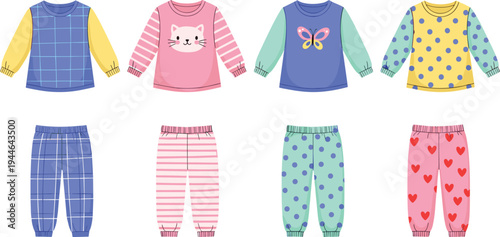 Colorful children clothing sets with playful patterns long sleeve tops and matching pants fashion apparel for kids catalog design nursery wear illustration