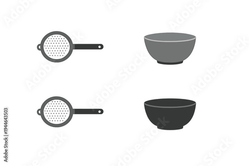 A set of four minimalist kitchen utensil icons featuring two strainers with handles and two deep bowls. The illustrations are presented in light and dark gray tones on a black background.