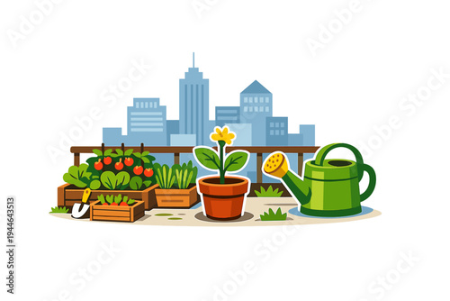 A flat illustration of a balcony garden featuring potted plants, tomatoes, and a watering can against a city skyline background. It depicts urban agriculture and sustainable living.