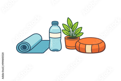 A flat illustration featuring a rolled blue yoga mat, a clear water bottle, a green potted plant, and an orange meditation cushion arranged on a plain white background.
