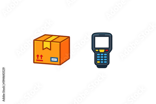 A cartoon illustration of a sealed cardboard shipping box with yellow tape and a handheld barcode scanner device, isolated on a solid black background for logistics concepts.