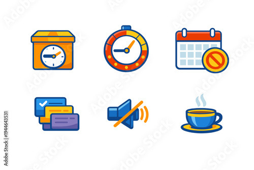 A set of six colorful flat icons on a black background featuring a delivery box with a clock, a stopwatch, a calendar with a ban sign, notifications, a mute speaker, and a hot coffee cup.
