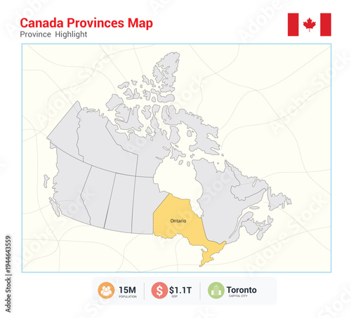 Canada provinces map with Ontario Province highlighted in purple on beige background
