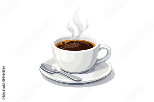 A steaming cup of hot black coffee sits on a white ceramic saucer with a small spoon. The illustration features a dark background and stylized white steam rising from the mug.