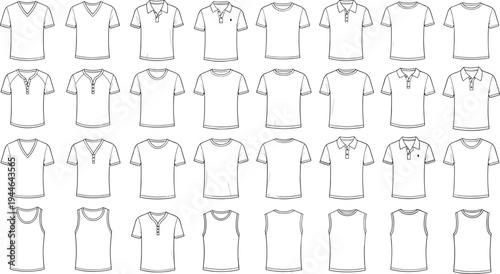 Comprehensive Collection of Male T-Shirt Vector Templates Including Crew Neck V-Neck Polo Shirts Henley Styles and Sleeveless Tank Tops for Fashion Design and Tech Packs
