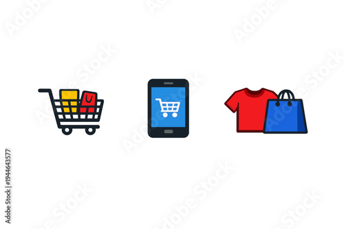 A set of three colorful shopping icons featuring a cart with bags, a smartphone with an e-commerce app, and a red t-shirt next to a blue shopping bag on a black background.