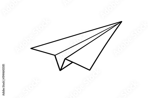 A simple black and white line drawing of a paper airplane flying against a solid black background. The minimalist illustration features clean lines and a sharp geometric design.