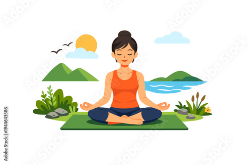 A woman practices meditation in a lotus position on a green yoga mat. The scenic background includes mountains, a lake, and a yellow sun, creating a calm and serene atmosphere.