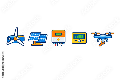 A set of five colorful flat icons representing renewable energy technology, including a wind turbine, solar panels, a power inverter, a monitoring screen, and a maintenance drone.