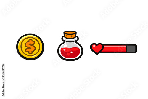 A collection of three video game icons featuring a gold dollar coin, a red potion bottle with a cork, and a health bar with a heart symbol, all set against a solid black background.