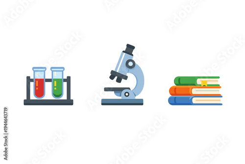 Flat illustration of science and education icons including two test tubes with red and green liquids in a rack, a blue microscope, and a stack of three colorful books on a black background.