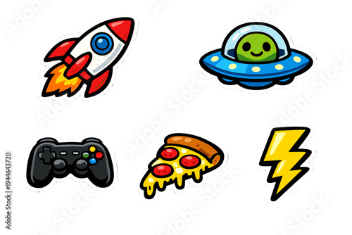 Five vibrant cartoon stickers including a rocket, a UFO with a green alien, a game controller, a pepperoni pizza slice, and a yellow lightning bolt, all with white borders on a black background.
