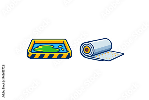 This vector graphic shows a hazard tray filled with green toxic sludge alongside a roll of white medical or industrial absorbent material, both isolated on a black background.
