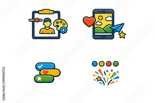 Four vibrant flat icons including a profile customization tool, a mobile photo sharing screen, status buttons with symbols, and a festive firework display on a black background.
