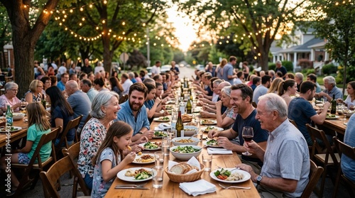 Outdoor community dinner party with multigenerational family sharing food conversations and laughter under string lights at sunset
