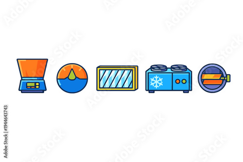 This illustration features five stylized icons of industrial and laboratory machinery, such as a cooling system, a meter, and a centrifuge, presented in a flat vector art style.