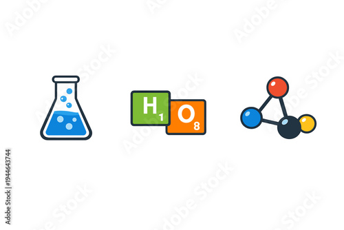A set of three science icons featuring a blue conical flask with bubbles, periodic table element tiles for hydrogen and oxygen, and a colorful molecular structure model on black.