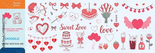 Set of hand drawn coquette elements for Valentines day, wedding invitation, birthday card. Cute girly bows, ribbons, cherry, cake, toy bear, cocktail, rose, strawberry. Vintage vector illustration