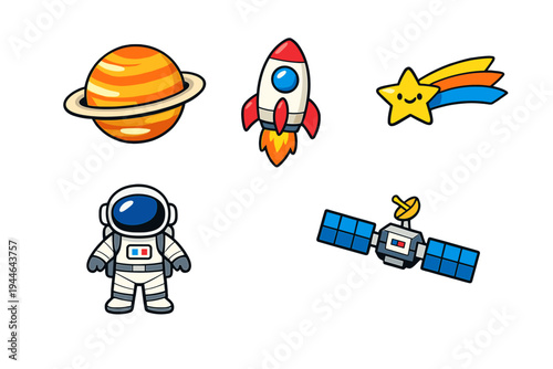 A collection of five colorful cartoon space icons including an astronaut, a rocket ship, a ringed planet, a satellite, and a smiling shooting star isolated on a black background.